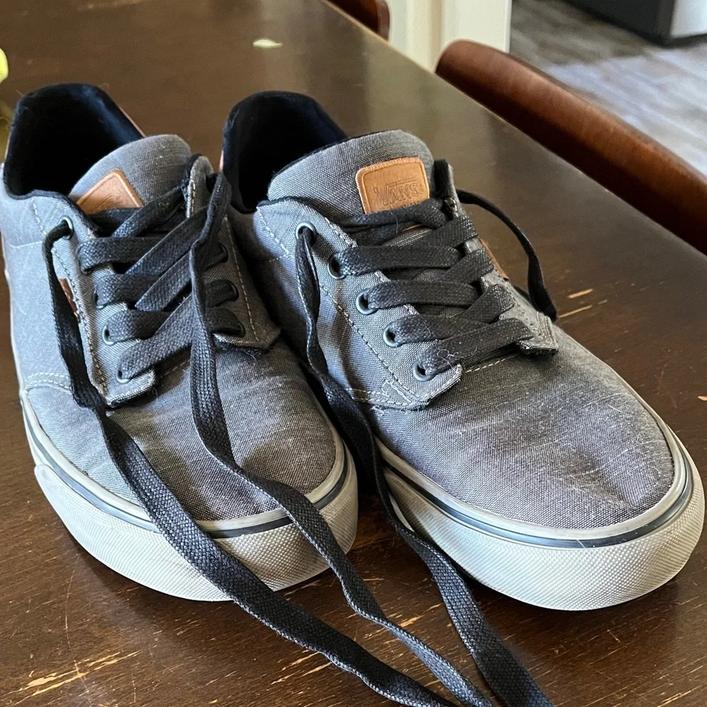 Vans Gray Canvas Low-Top Sneakers with Black Laces and Tan Heel Patch